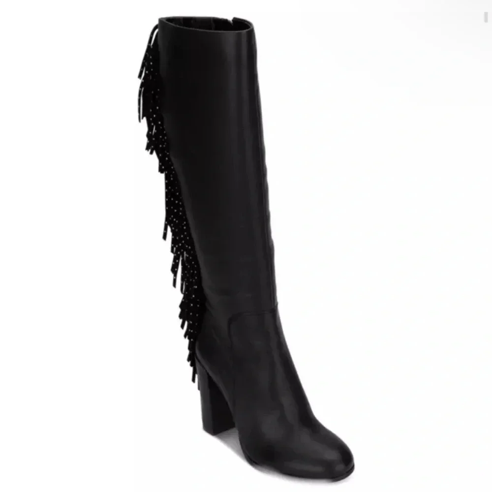 Kenneth Cole Knee High Justin Studded Fringe Boots Black REAL Leather, Sz 9.5NIB